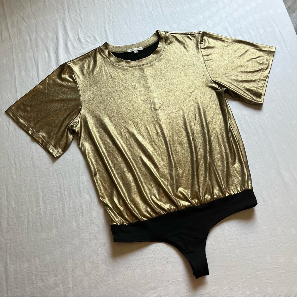 Ronny Kobo gold metallic short sleeve crew neck knit bodysuit